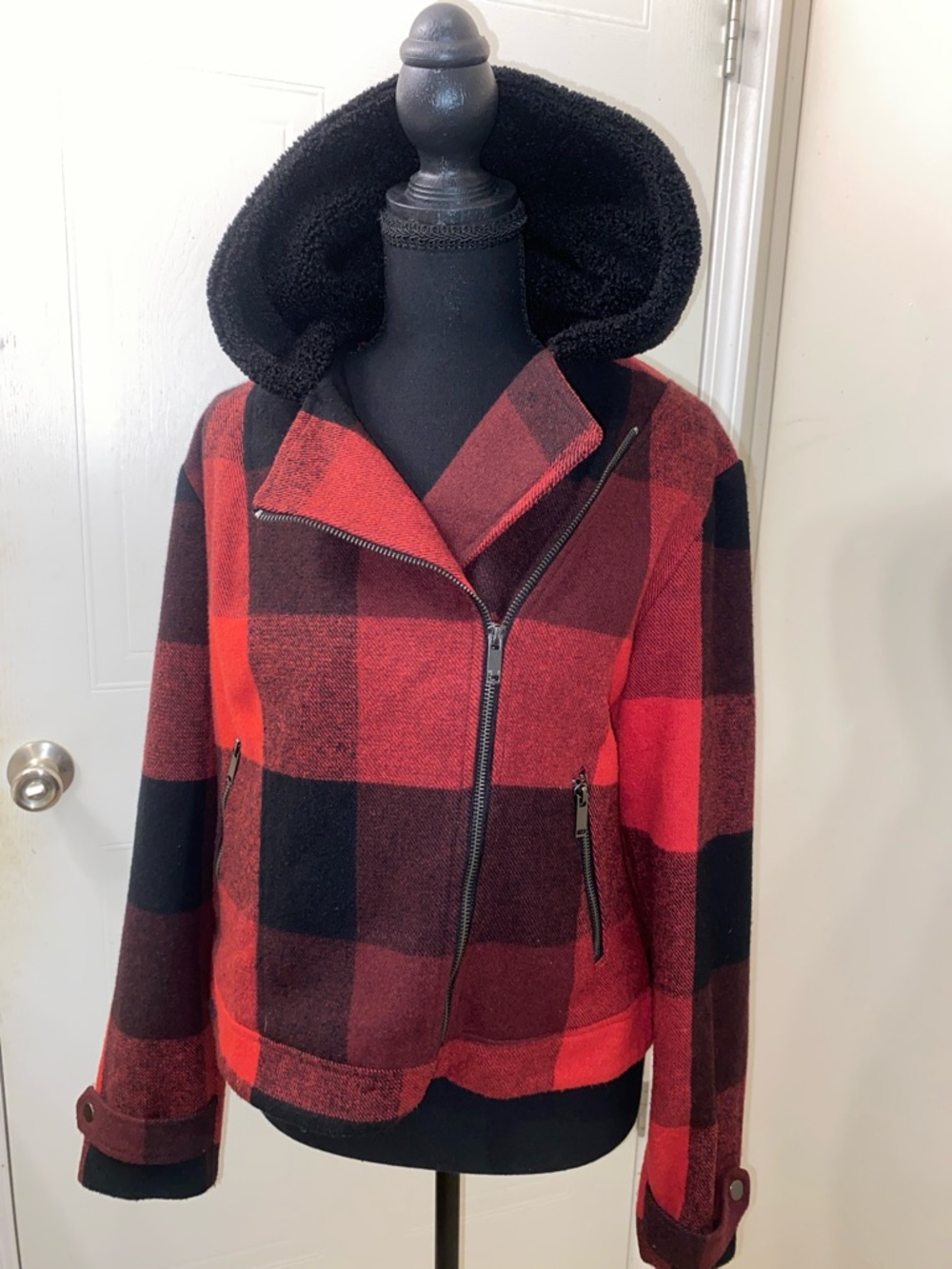 Rock & Republic Red and Black Plaid Hooded Jacket- M